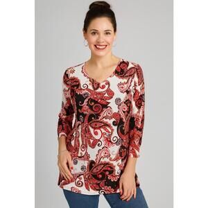 Chico's Women's Red Brown Black Paisley Long Sleeve Soft Blouse, Sz. 3(XL)